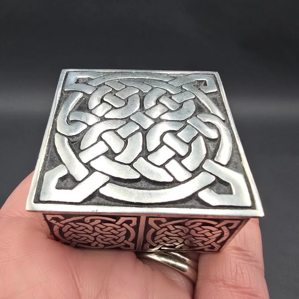 A.E. Williams Celtic Knot Pewter Trinket Box Blue Velvet Lining Made in England